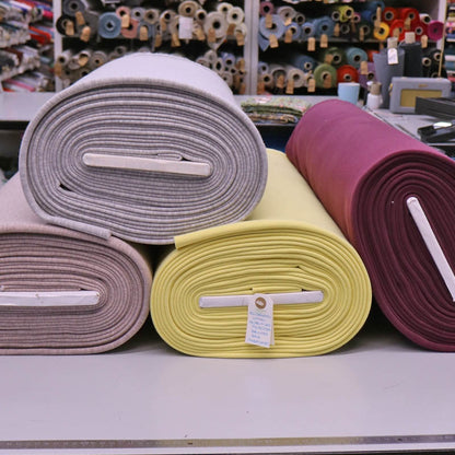 Organic heavyweight sweatshirt fabric in grey, yellow, burgundy and taupe 