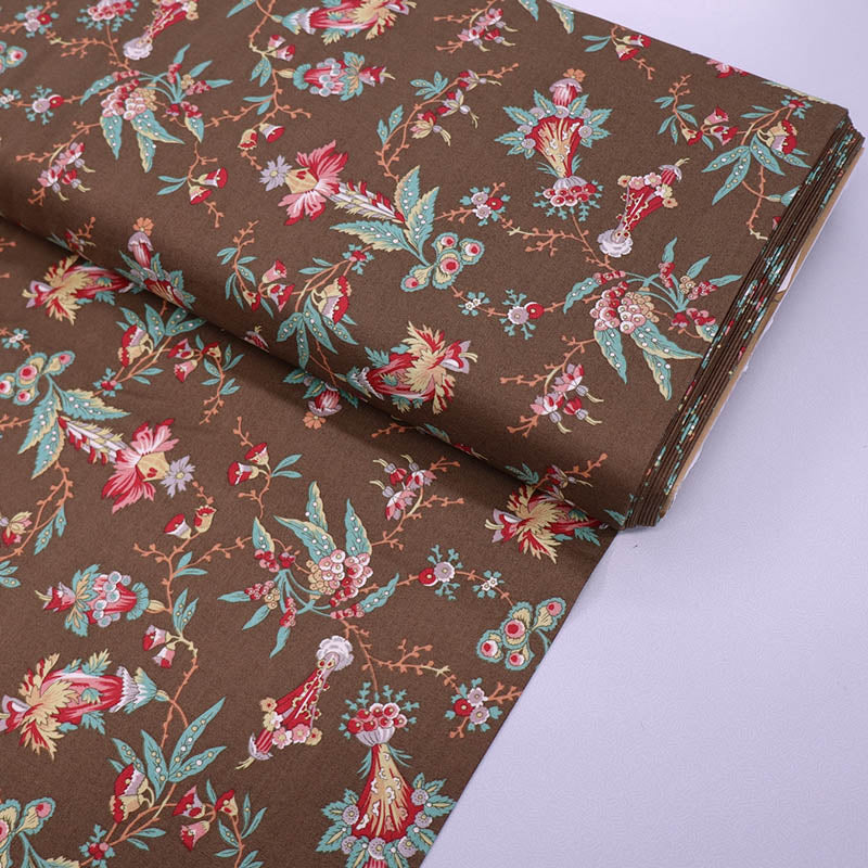 100% Cotton Brown Dutch Heritage Fabric - Red & Green Floral