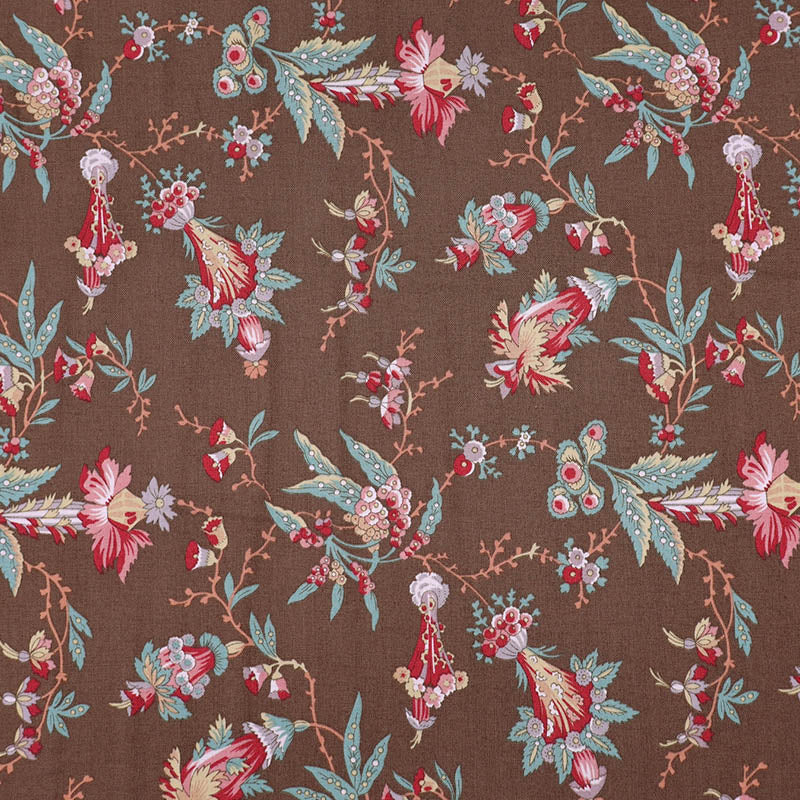 100% Cotton Brown Dutch Heritage Fabric - Red & Green Floral