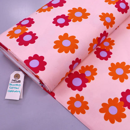 100% Cotton Pink Floral Needlecord Fabric - Orange and Lilac Daisy
