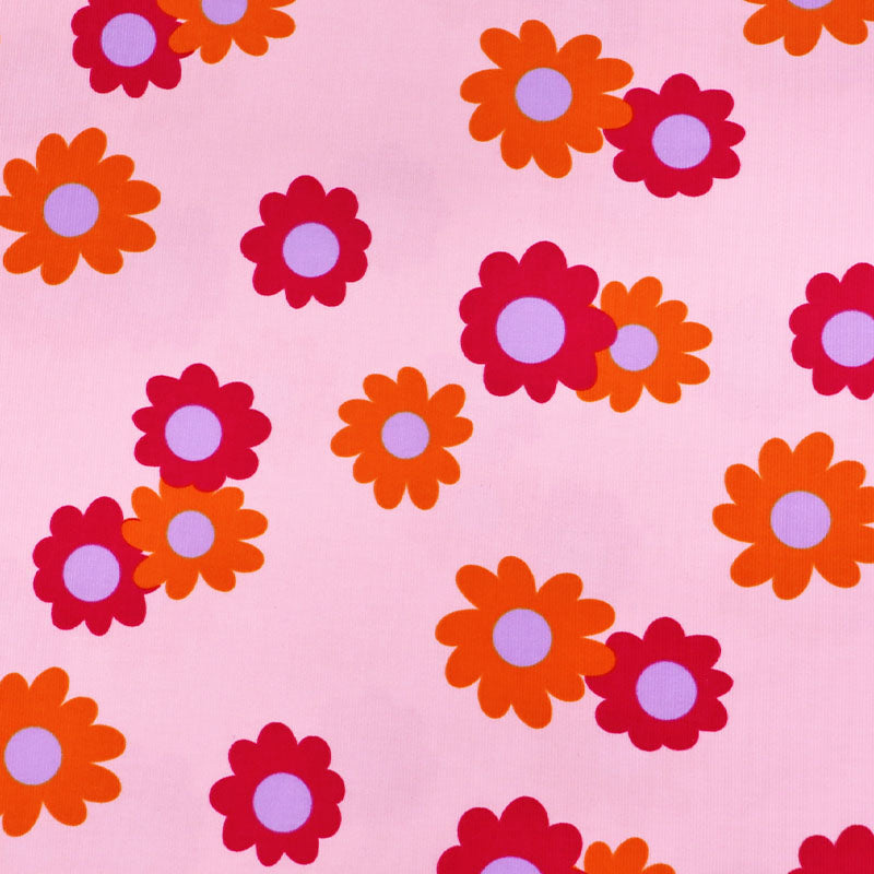 100% Cotton Pink Floral Needlecord Fabric - Orange and Lilac Daisy
