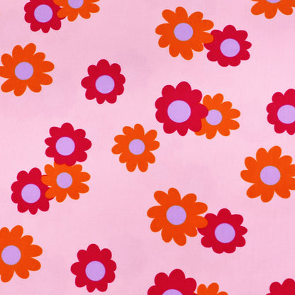 100% Cotton Pink Floral Needlecord Fabric - Orange and Lilac Daisy