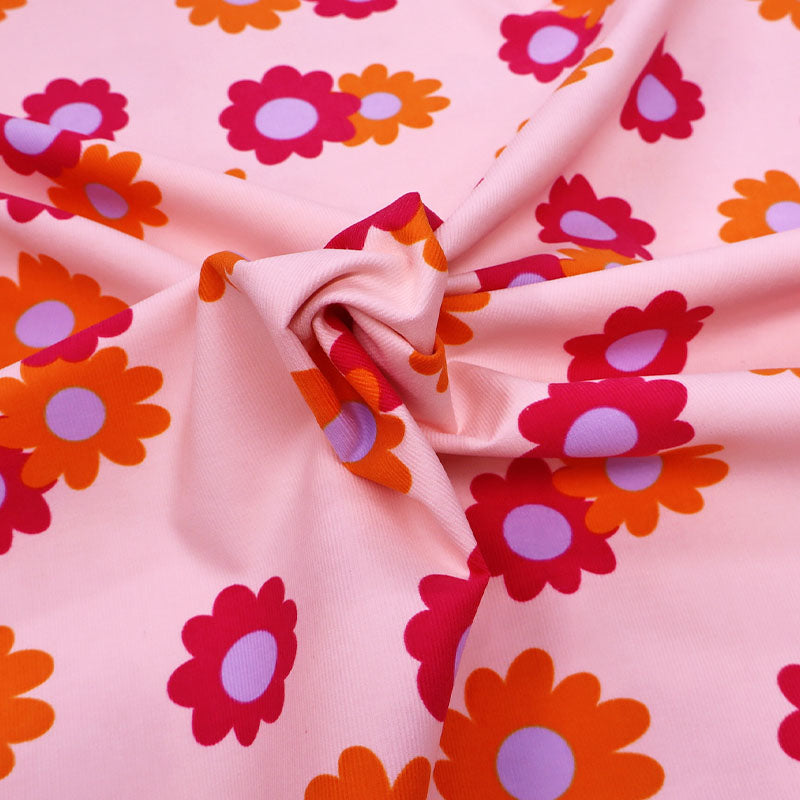 100% Cotton Pink Floral Needlecord Fabric - Orange and Lilac Daisy