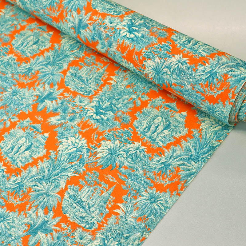 100% Cotton Fabric - Elephants and Tigers in a tropical setting in bright blue and orange.
