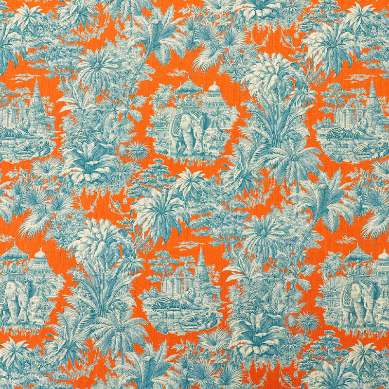 100% Cotton Fabric - Elephants and Tigers in a tropical setting in bright blue and orange.