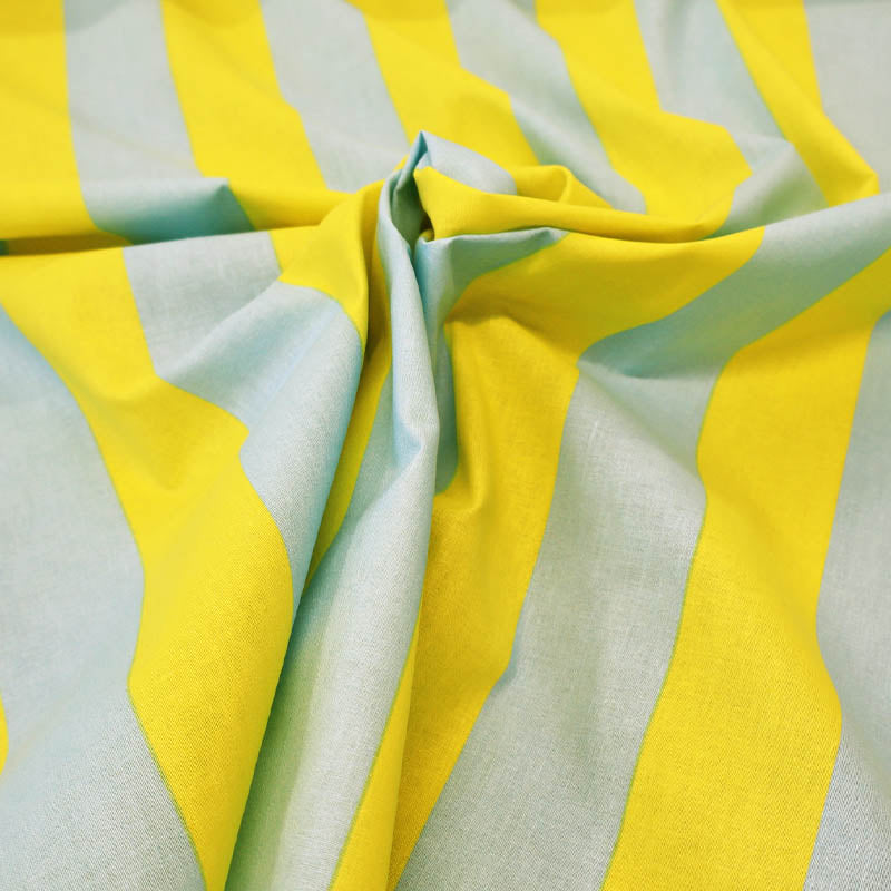 100% Cotton Plain Weave Yellow and Blue 5cm Striped Cotton Dressmaking Fabric