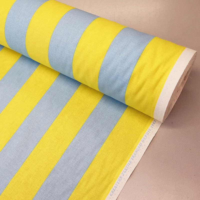 100% Cotton Plain Weave Yellow and Blue 5cm Striped Cotton Dressmaking Fabric