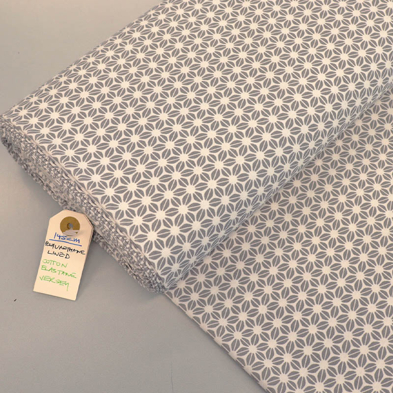 95% Cotton 5% Elastane Water Repellent Jersey Fabric - Grey and Cream Geometric Print