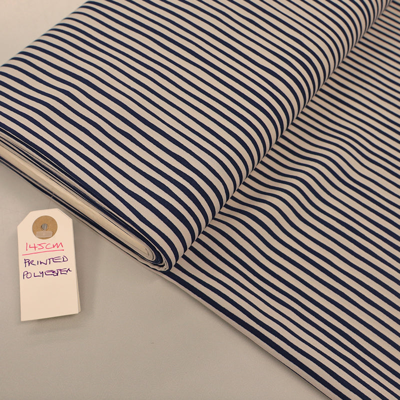 100% Polyester Deadstock Fabric - Blue and cream Stripe