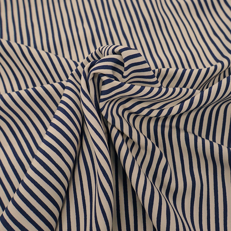 100% Polyester Deadstock Fabric - Blue and cream Stripe