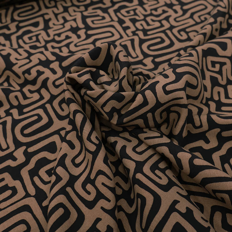 100% Viscose Fabric - Black and Brown Maze Print