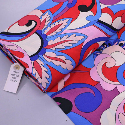 110CM REMNANT Printed Viscose - Border Print - Blue and Pink - Emilio