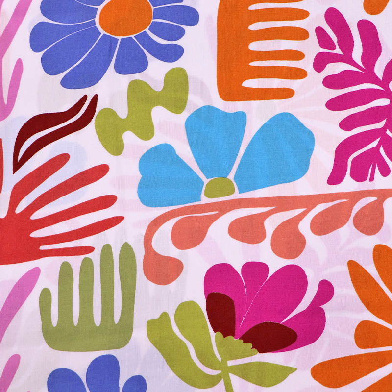 100% Viscose Fabric - Multicoloured Pink, Orange and Blue Modern Floral on a white background