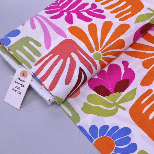 100% Viscose Fabric - Multicoloured Pink, Orange and Blue Modern Floral on a white background