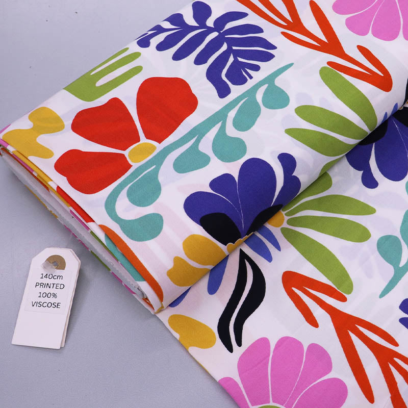 100% Viscose Fabric - White, Blue and Red Modern Floral Print