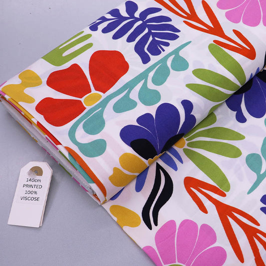 100% Viscose Fabric - White, Blue and Red Modern Floral Print