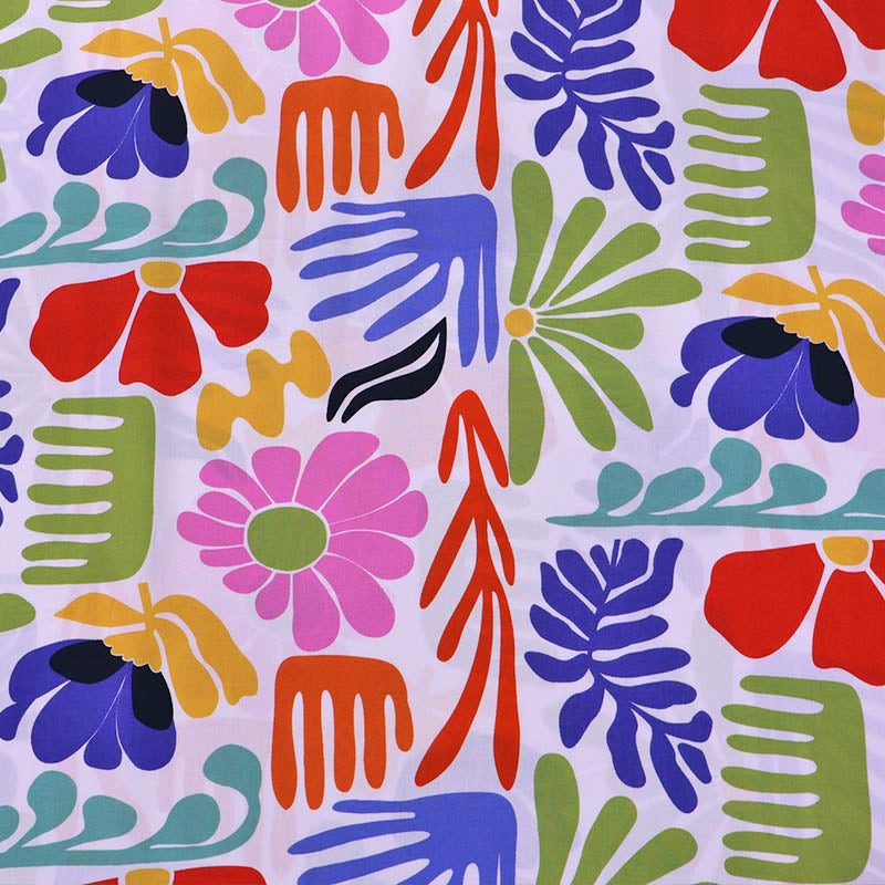 100% Viscose Fabric - White, Blue and Red Modern Floral Print