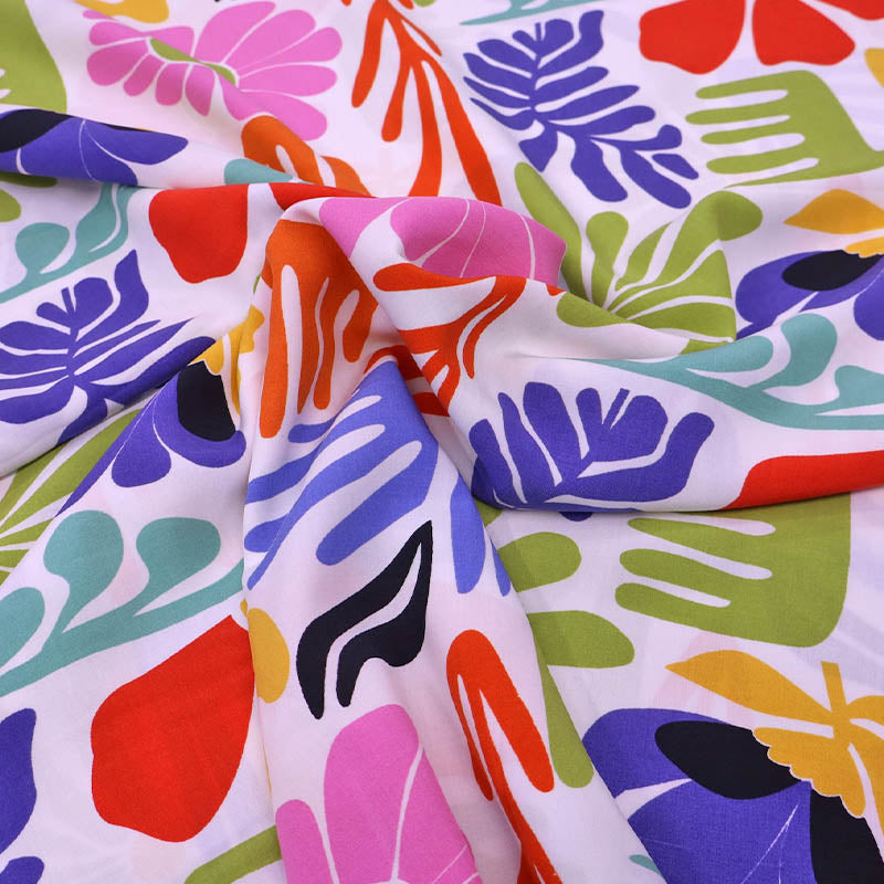 100% Viscose Fabric - White, Blue and Red Modern Floral Print
