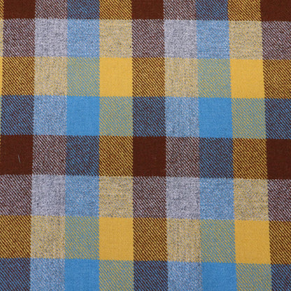 100% Pure Wool Check Fabric - Blue, Yellow and Brown