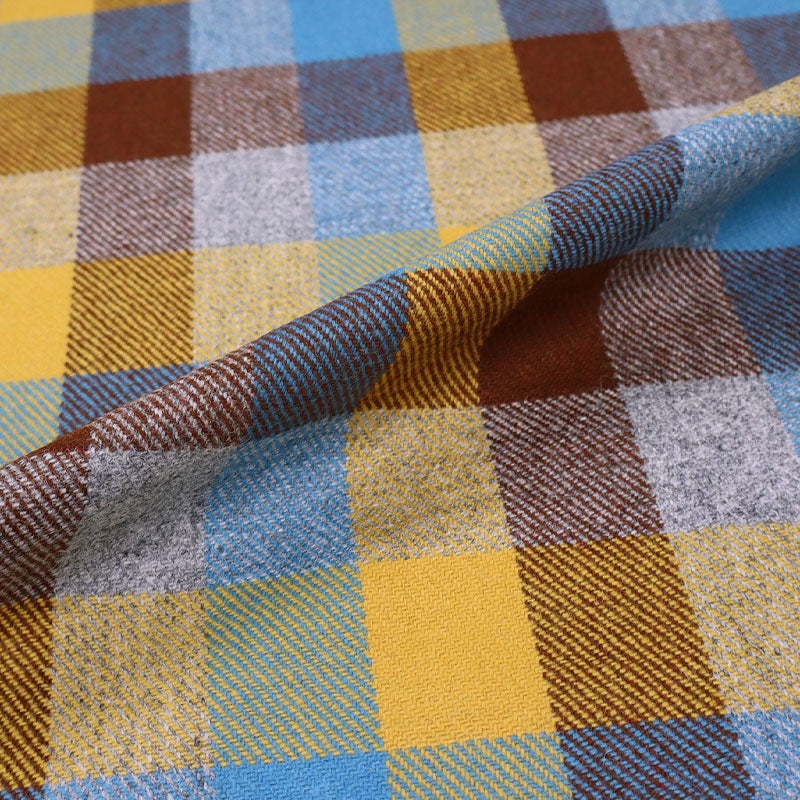 100% Pure Wool Check Fabric - Blue, Yellow and Brown