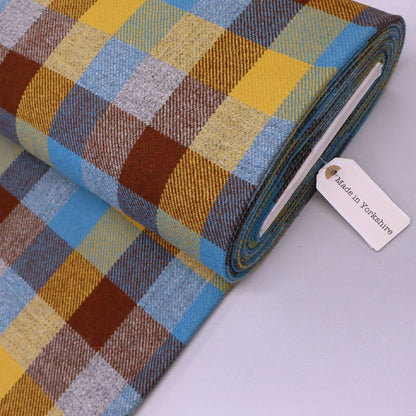 100% Pure Wool Check Fabric - Blue, Yellow and Brown
