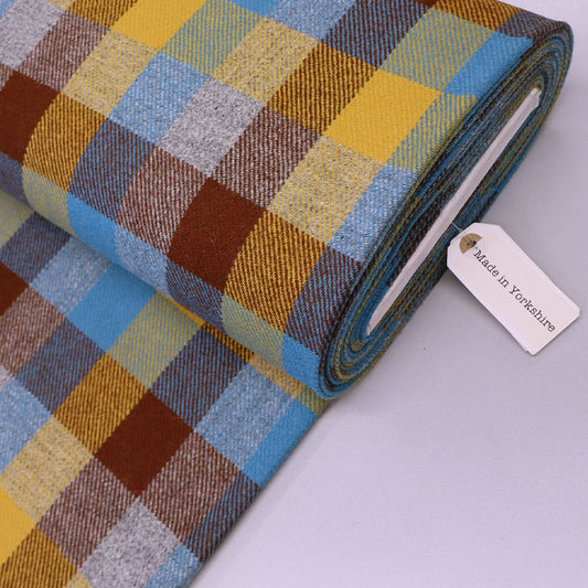 100% Pure Wool Check Fabric - Blue, Yellow and Brown