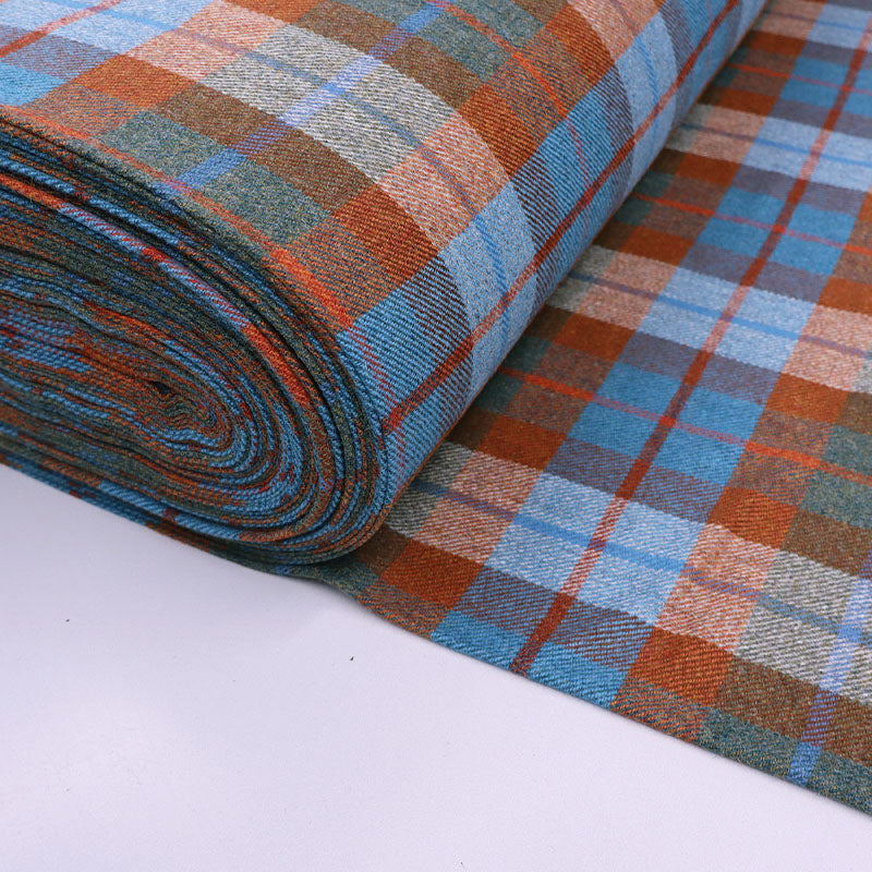 100% Pure New Wool Check Dressmaking Fabric - Blue, Orange and Brown