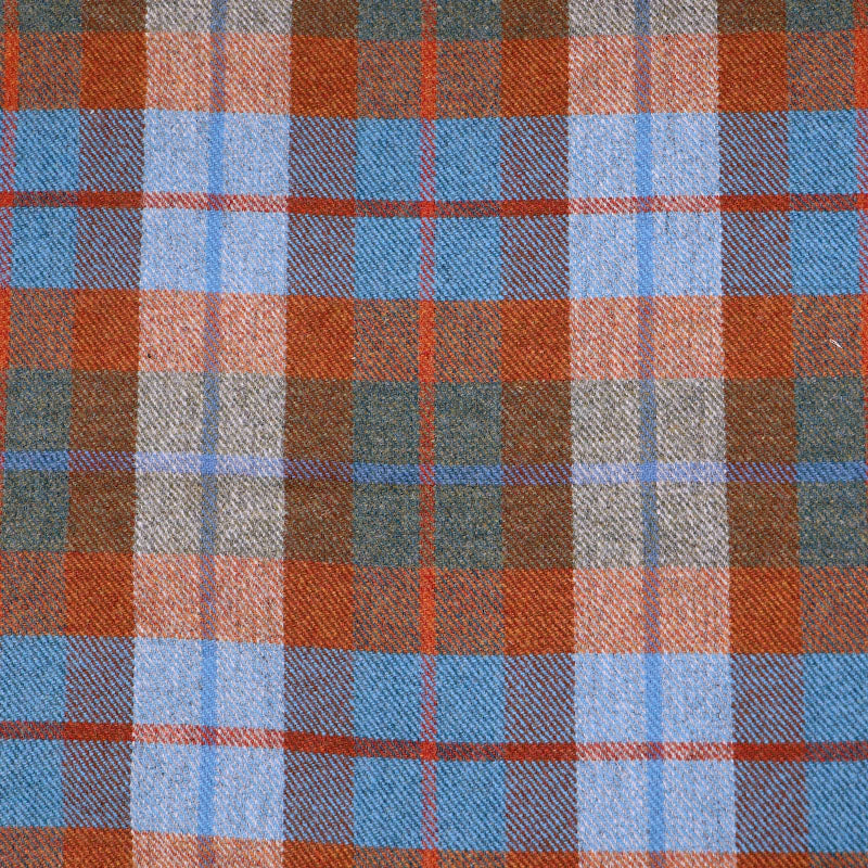 100% Pure New Wool Check Dressmaking Fabric - Blue, Orange and Brown