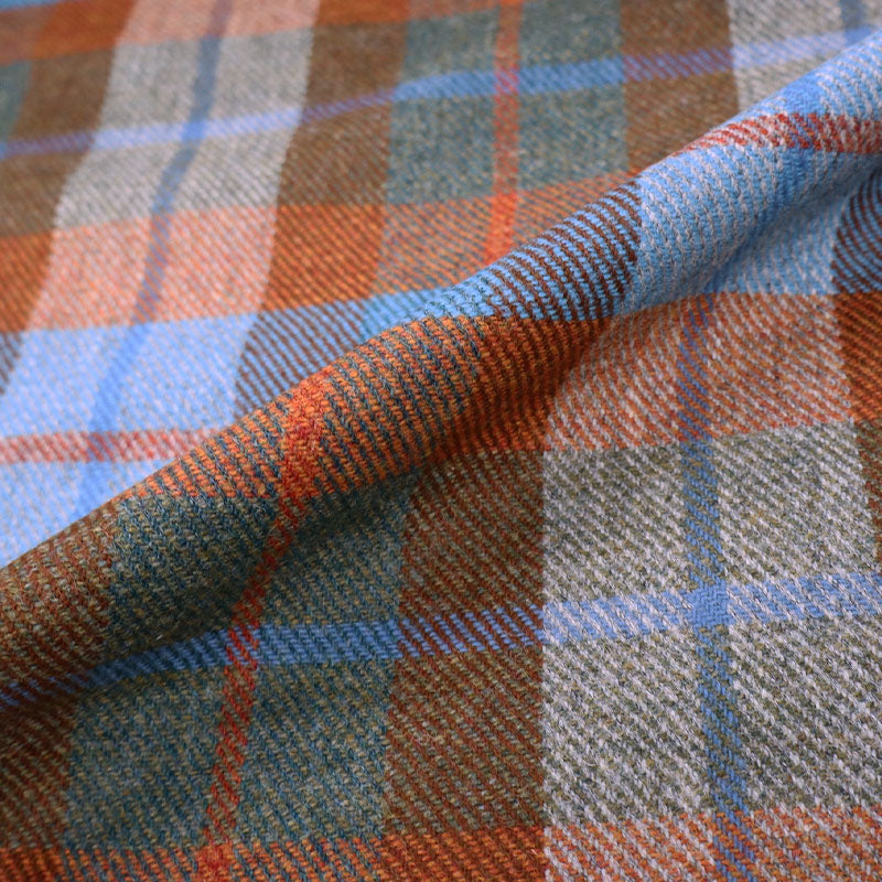 100% Pure New Wool Check Dressmaking Fabric - Blue, Orange and Brown
