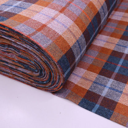 100% Pure New Wool Check Dressmaking Fabric - Lavender, Orange and Navy