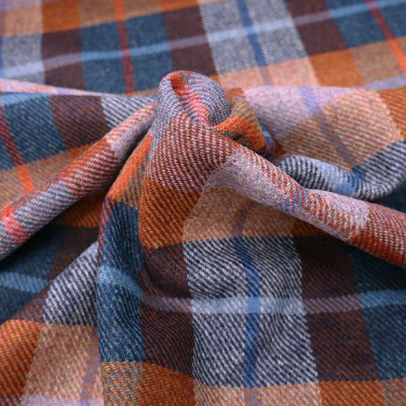 100% Pure New Wool Check Dressmaking Fabric - Lavender, Orange and Navy
