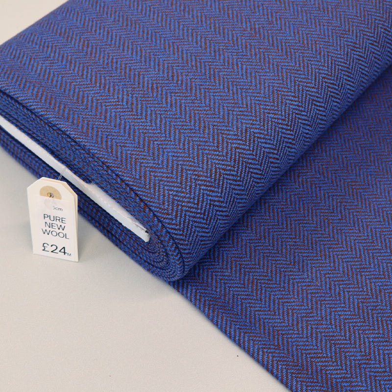 100% Pure New Wool Herringbone Fabric - Cobalt Blue and Brown