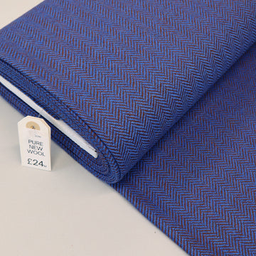 100% Pure New Wool Herringbone Fabric - Cobalt Blue and Brown