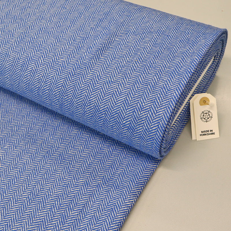 100% Pure New Wool Herringbone Fabric - Pale  Blue and White