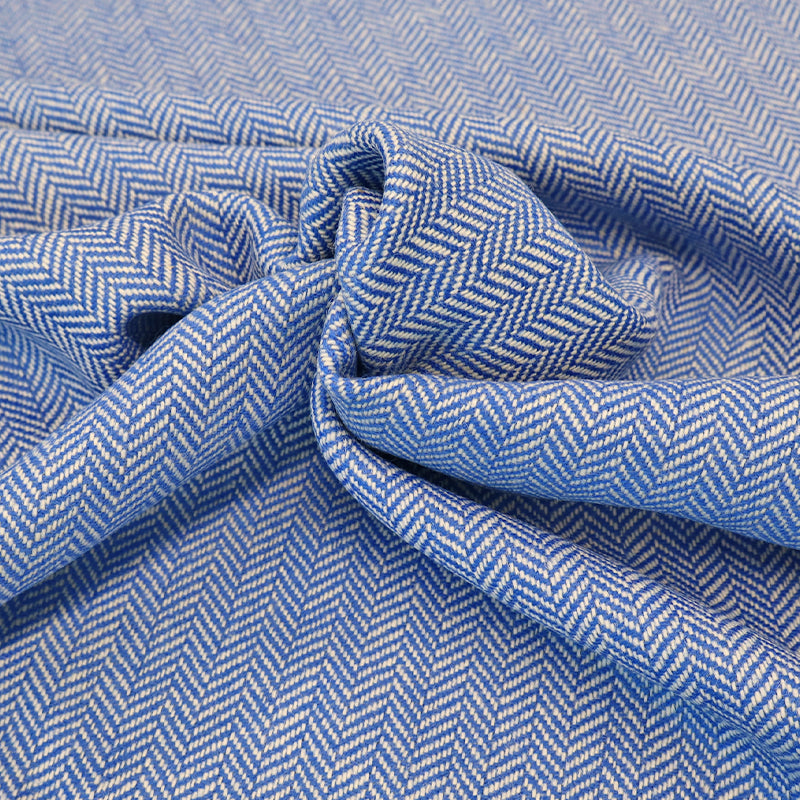 100% Pure New Wool Herringbone Fabric - Pale  Blue and White