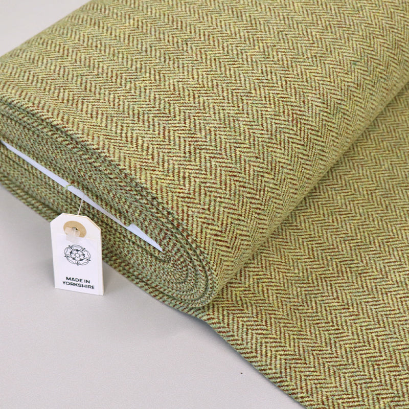 100% Pure New Wool Herringbone Fabric - Moss Green and Brown