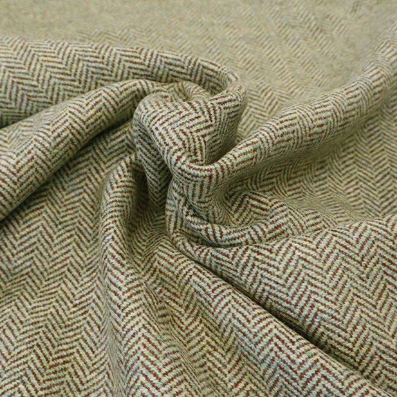 100% Pure New Wool Herringbone Fabric - Moss Green and Brown