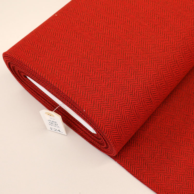100% Pure New Wool Herringbone Fabric -  Cherry Red with Brown Herringbone 