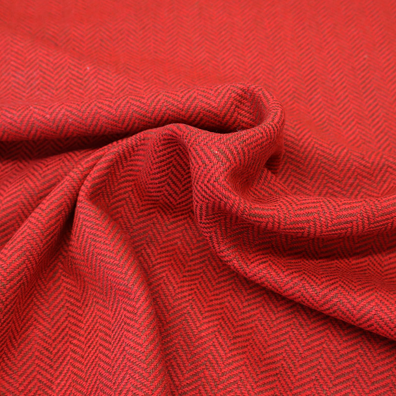 100% Pure New Wool Herringbone Fabric -  Cherry Red with Brown Herringbone 