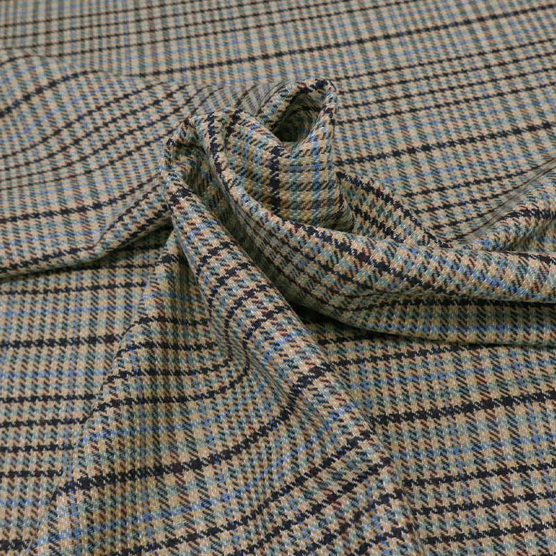 Pure New Wool 100% Wool Houndstooth Check Fabric - Brown, Green, Blue and Black