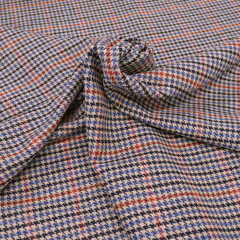 Pure New 100% Wool Check Houndstooth Fabric - Red, Blue, Brown and Black