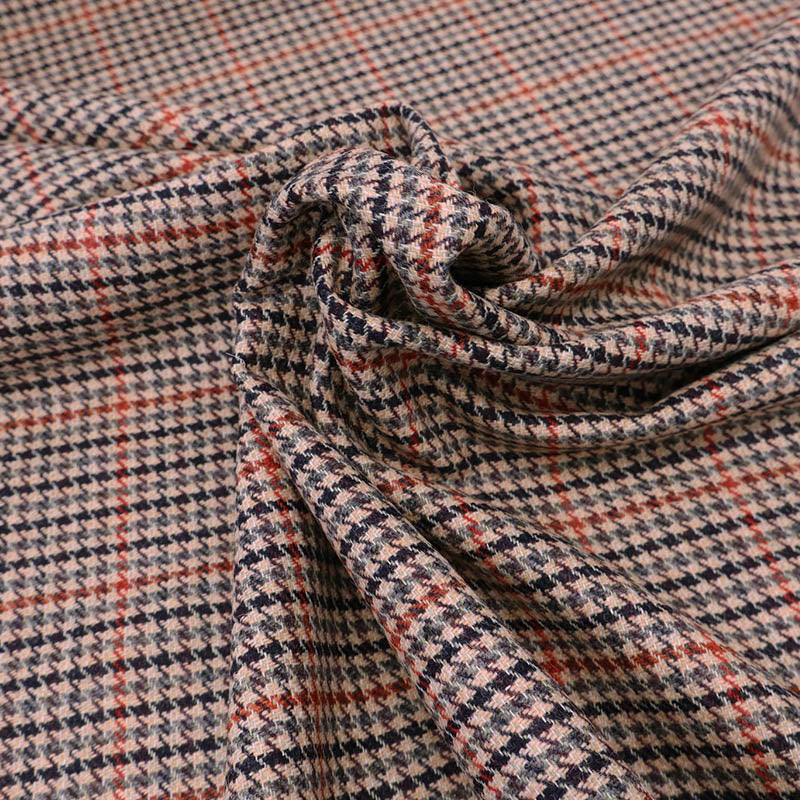 Pure New 100% Wool Houndstooth Check Fabric - Brown, Red, Green and Black