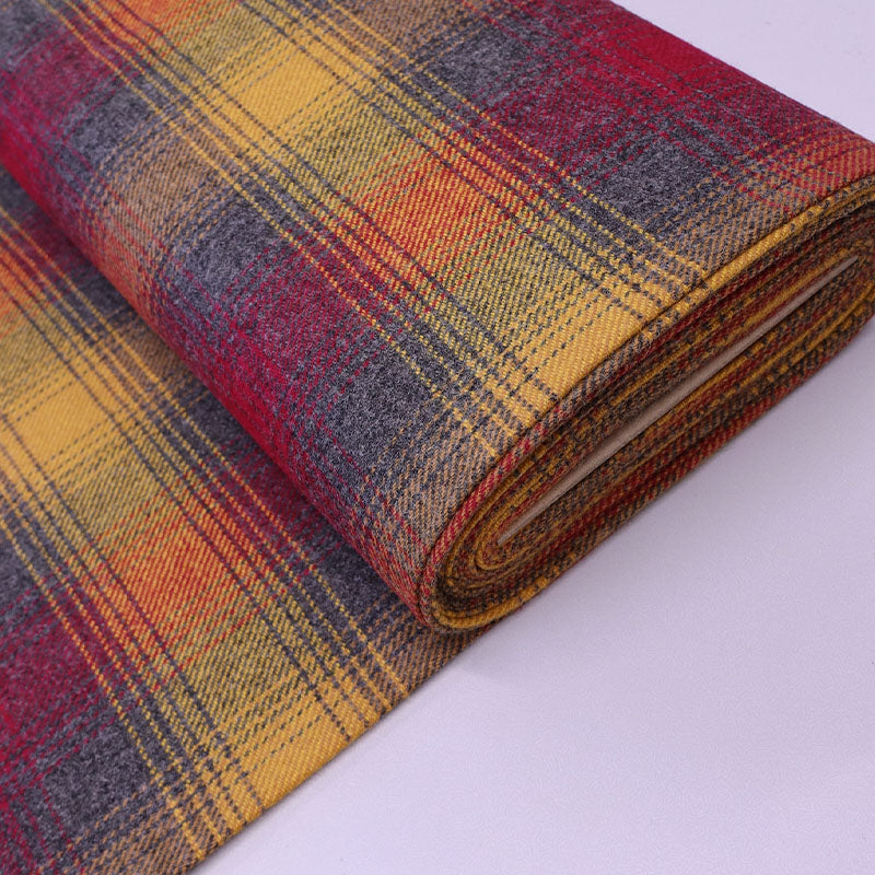 100% Pure New Wool Tartan Fabric - Red, Yellow and Grey