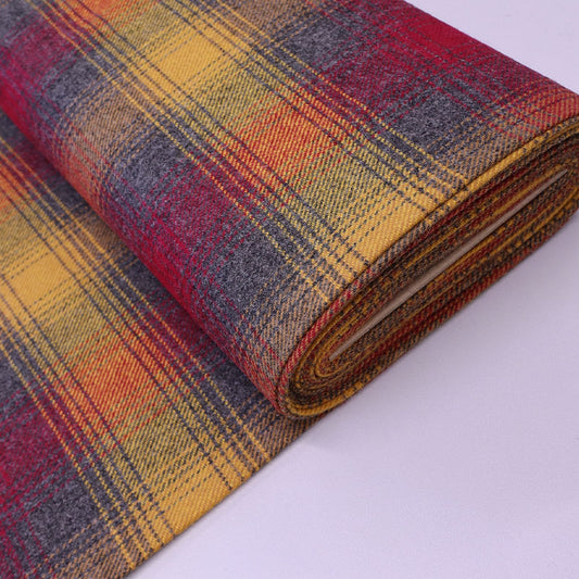 100% Pure New Wool Tartan Fabric - Red, Yellow and Grey