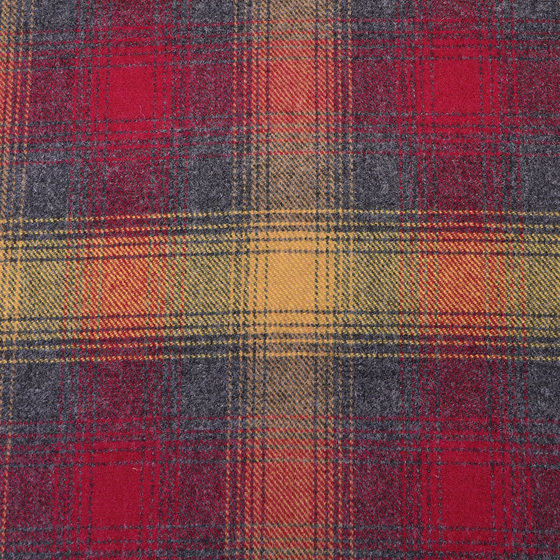 100% Pure New Wool Tartan Fabric - Red, Yellow and Grey