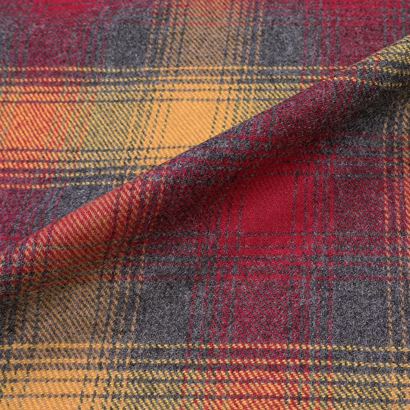 100% Pure New Wool Tartan Fabric - Red, Yellow and Grey