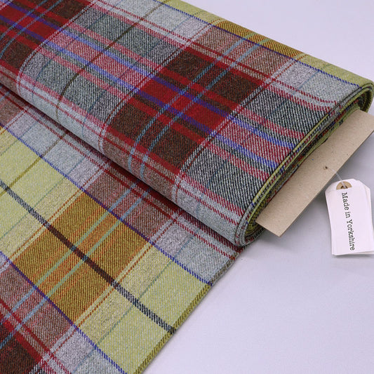 100% Pure New Wool Tartan Fabric - Red, Grey and Yellow