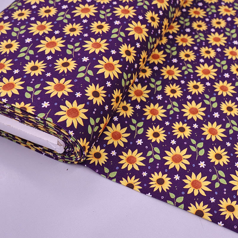 100% Cotton Dark Purple Floral Needlecord Fabric - yellow sunflower print