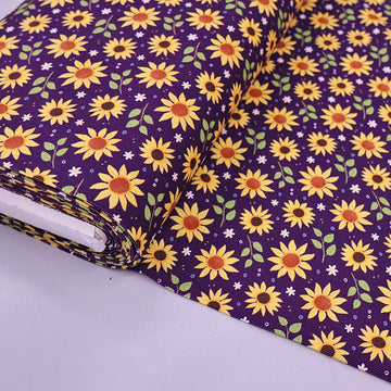 100% Cotton Dark Purple Floral Needlecord Fabric - yellow sunflower print
