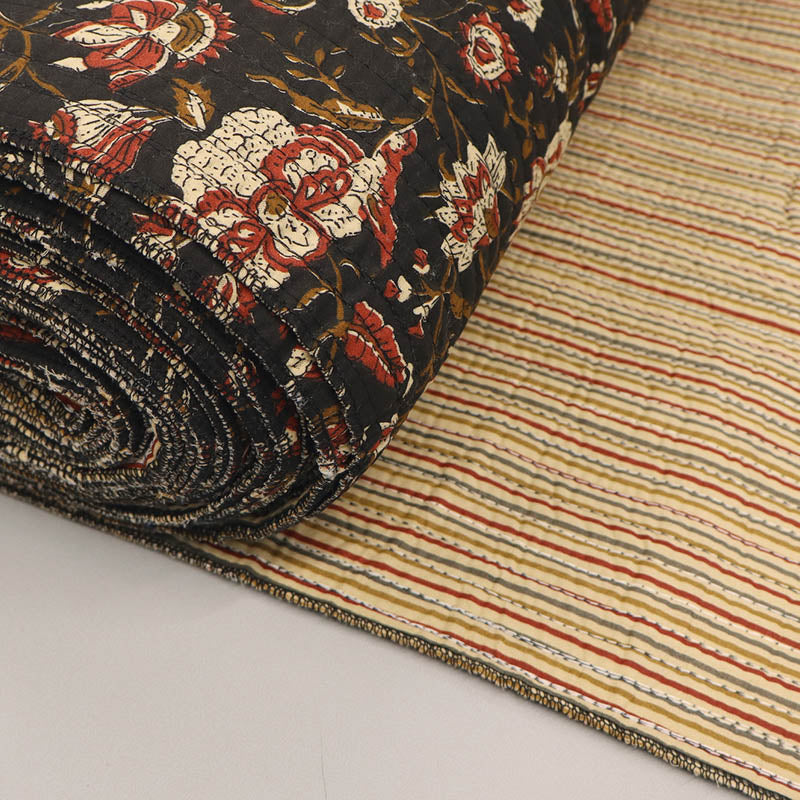 100% Cotton, including 100% Cotton Wadding Quilted Indian Cotton Fabric - Red and Black Floral with narrow stripe on the reverse